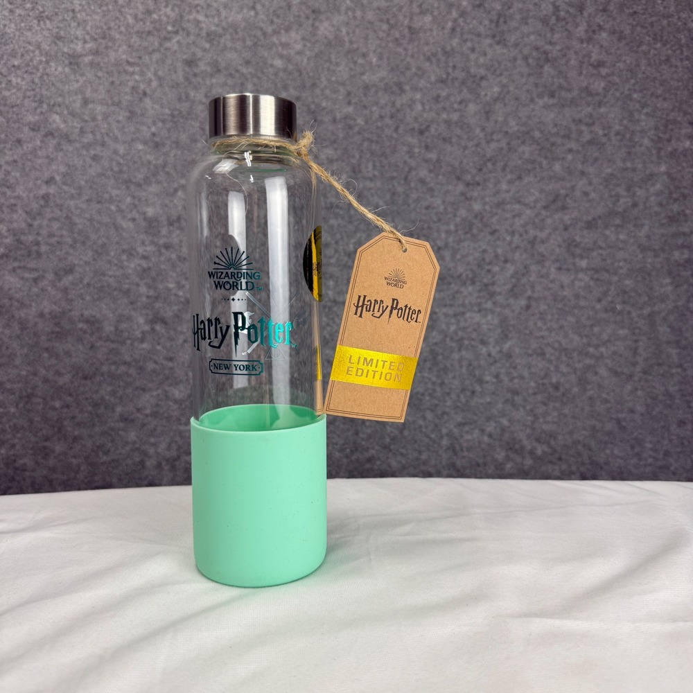 Harry Potter New York Glass Water Bottle Limited Edition‎ Mint Green Sleeve NEW